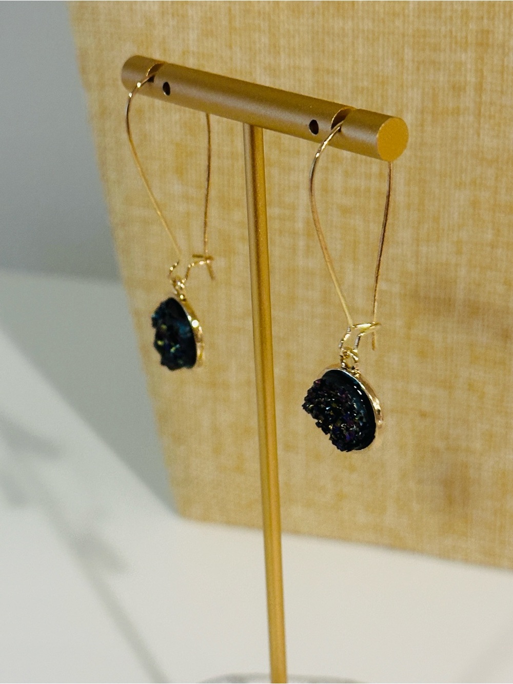 Fashion Jewelry Gold-Tone Drop Earrings with Dark Iridescent Druzy